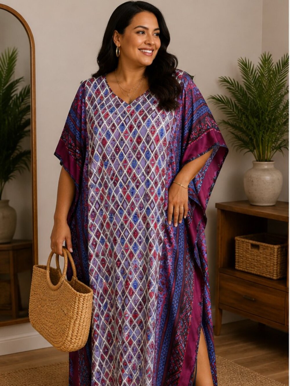 Winlar Geometric Boho Kaftan Maxi Dress | Resort Cover-Up | One Size Fits Most